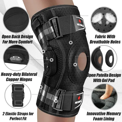 Vista 3 de NEENCA Rodillera profesional para dolor de rodilla, soporte de rodilla con bisagras con estabilizadores laterales duales removibles, fuerte