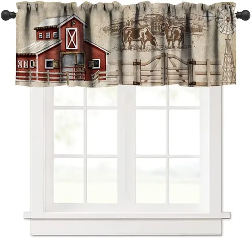 Vista 28 de Cenefa de ventana de gallo de Western Farm, pollo, girasol, retro, con estampado de cuadrícula de búfalo amarillo, bolsillo para barra, tratamientos