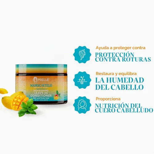 Vista 3 de Mielle Organics Mango & Tulsi Acondicionador nutritivo sin enjuague para cabello rizado, acondicionador hidratante sin enjuague con protección