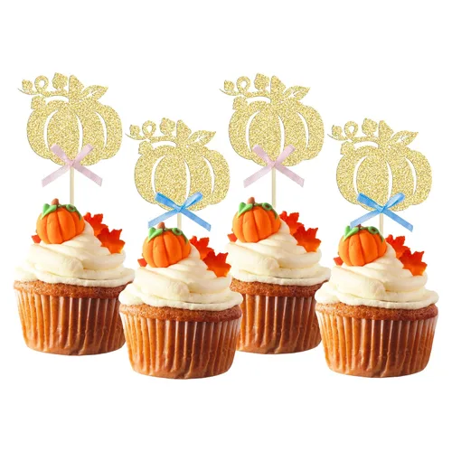 Vista 16 de Gyufise 24 piezas de decoración de cupcakes de calabaza con purpurina para temática de otoño, Acción de Gracias, Halloween, baby shower, niños