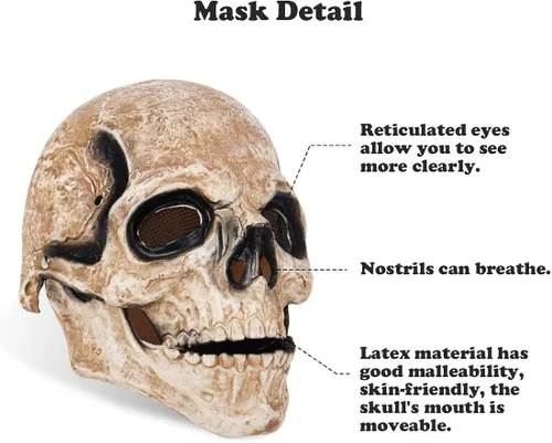 Vista 5 de Máscara aterradora de calavera de Halloween máscara realista de bocetos con mandíbula movible casco espeluznante de látex para adultos gris 125 x 75