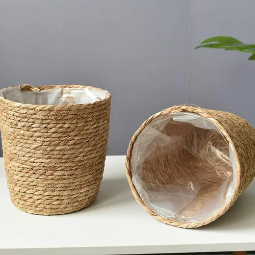 Vista 6 de FOMIYES Maceta de paja tejida para decoración del hogar, macetas de hierba marina, cesta de jardín para plantas de jardín, jarrón de ratán