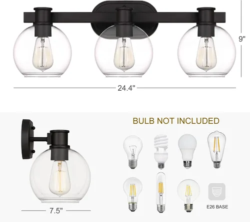 Vista 4 de Tawson Dan Modern Farmhouse - Lámpara de tocador de 3 luces industrial con pantalla de globo de vidrio transparente para dormitorio, pasillo