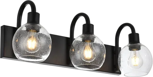 Vista 10 de Luz de tocador de baño con vidrio esmerilado en forma de globo de 2 luces, aplique de pared industrial negro para vestíbulo o pasillo