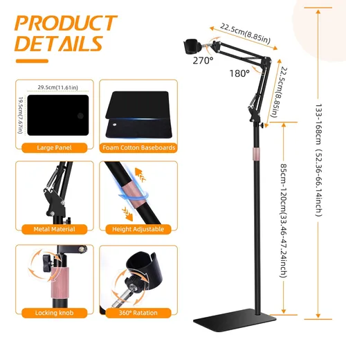 Vista 3 de Soporte para Secador de Pelo, Altura Ajustable de 1.68M, Soporte para Secador de Manos Libres con Base Pesada, Rotación de 360 Grados, Funciona