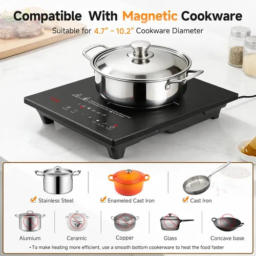 Vista 7 de AMZCHEF Placa de Cocción de Inducción Portátil: Quemador de Inducción de 74 Niveles de Temperatura con Sonda Digital, Quemador de Encimera de 1800W