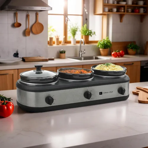 Vista 11 de CULINARY CHEF, triple olla de cocción lenta, servidor de buffet de 2.5 cuartos x 3 ollas, calentador de alimentos - Acero inoxidable