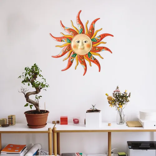 Vista 7 de Decoración de pared de sol de metal, 17.3 pulgadas, esculturas de jardín, estatuas, decoración de pared para interiores y exteriores, habitación