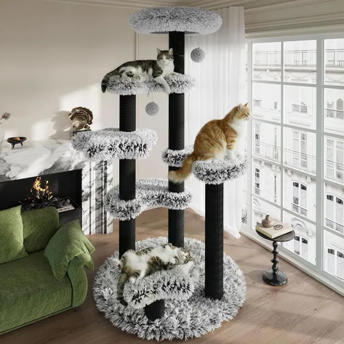 Vista 2 de SHA CERLIN Torre de árbol para gatos de 61.5 pulgadas, centro de actividades de varios niveles con percha acogedora, plataforma