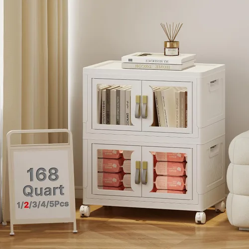 Vista 26 de Contenedor de almacenamiento apilable de 48 cuartos de galón con tapa, ruedas y puerta, organizador plegable de 12 galones para dormitorio, estudio