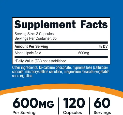 Vista 2 de Suplemento Nutricost Ácido Alfa Lipoico 600 mg por porción, 120 cápsulas, 60 porciones - Cápsulas vegetales, sin OMG