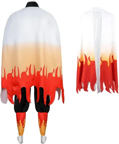Vista 4 de Buyoem Disfraz de anime Rengoku para adultos, disfraz de Rengoku para Halloween, cosplay, capa, kimono con aretes para peluca