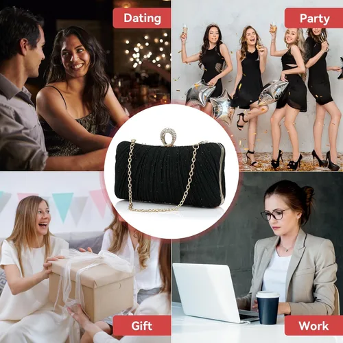 Vista 9 de Simcat Bolso de mano dorado para mujer, bolso de noche con purpurina, plisado, para mujer, formal, novia, boda, baile de graduación
