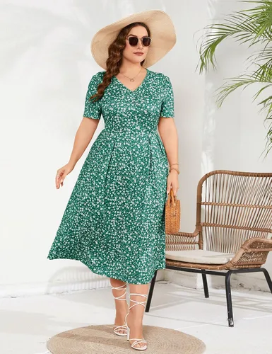 Vista 6 de Vestido largo de verano para mujer, casual, bohemio, floral, cintura imperio, talla grande, vestido fluido, vestidos de talla grande para mujeres