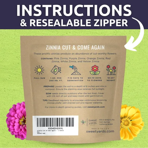 Vista 4 de Zinnia Cut & Come Again Mix - Paquete grande de 1 onza - 4,000 semillas de flores para plantar - Zinnia elegans