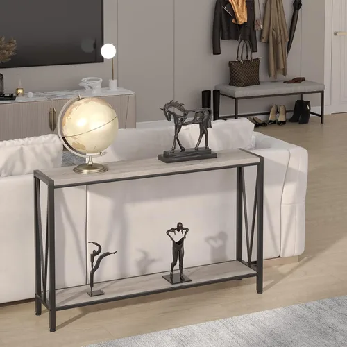 Vista 7 de IDEALHOUSE Mesa consola gris, mesa de entrada gris de 42.9 pulgadas con almacenamiento, mesa de sofá larga estrecha de 2 niveles de madera y metal