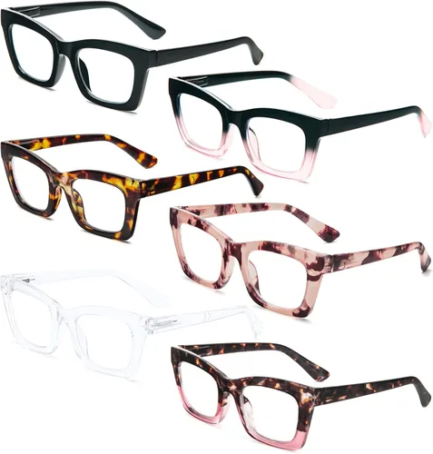 Vista 2 de REAVEE 6 Pack Reading Glasses for Women Blue Light Blocking, Cute Square Computer Readers with Spring Hinge
