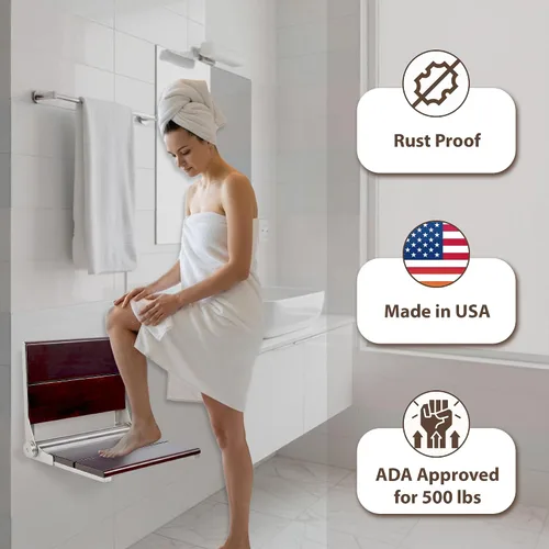 Vista 3 de Asiento de ducha plegable montado en la pared con respaldo Capacidad de carga máxima de 500 libras Asiento de ducha de teca compatible con ADA