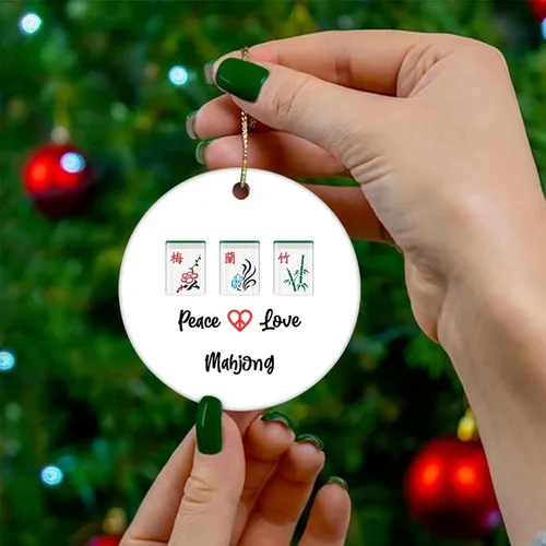 Vista 4 de Adornos de recuerdo de Navidad, adornos chinos de paz, amor, mahjong, adornos de cerámica, regalos de Mahjong, adornos colgantes para árbol