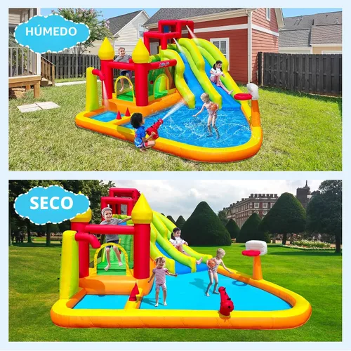 Vista 2 de MIRUNAIR Casa inflable de rebote con toboganes, tobogán acuático inflable para niños en el patio trasero, parque acuático de rebote con soplador