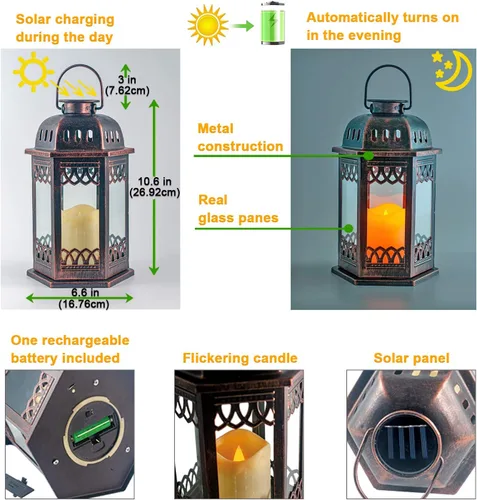 Vista 2 de Paquete de 2 faroles solares de bronce, faroles colgantes retro ornamentados con asa, linterna para exteriores con vela LED parpadeante, 6.60 x 6.60