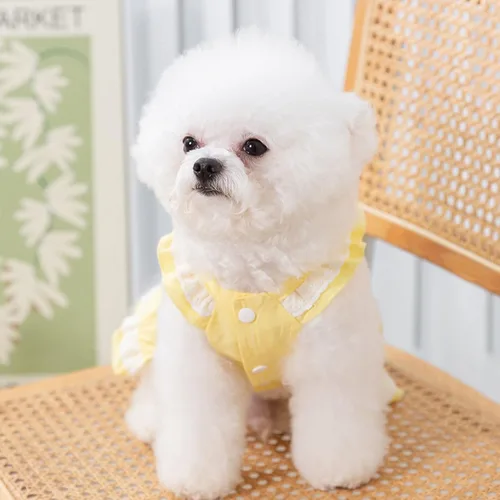 Vista 3 de Vestido para perro con manga abombada, amarillo limón, girasol, piña, a cuadros, ropa de verano para perros pequeños y niñas Botón de amor