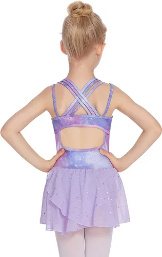 Vista 3 de Zaclotre Leotardos de gimnasia para niñas, con tirantes cruzados, brillantes vestidos de baile de ballet con espalda hueca y falda para disfraz
