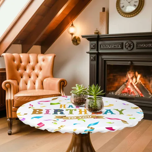 Vista 8 de Mantel redondo ajustable de feliz cumpleaños, con diseño de rayas de colores, diseño de lunares, elástico, impermeable, para interiores