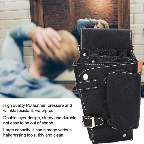 Vista 3 de ZJchao Riñonera para estilista, tijeras de peluquería, bolsa de cintura de piel sintética, herramientas de peluquería, estuche para tijeras