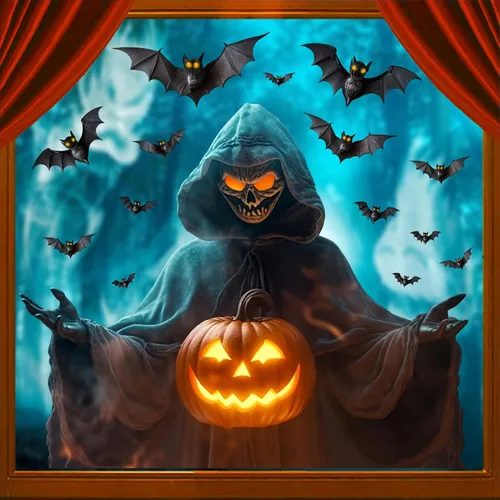 Vista 9 de Decoración de pared de Halloween, calcomanías de Halloween 3D para ventana falsa, despegar y pegar, calabazas, esqueleto, murales artísticos