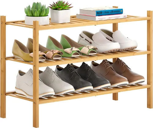 Vista 9 de Zapatero de bambú apilable para zapatos, organizador de almacenamiento para unidad, entrada, pasillo y armario, estante resistente independiente