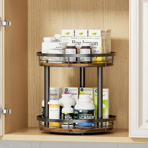 Vista 5 de LAMU Organizador Lazy Susan de Especias de Madera de 10 Pulgadas, Organizador de Especias de 2 Niveles para Gabinete, Encimera, Cocina, Superficie