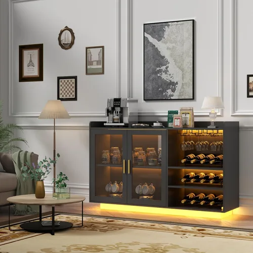 Vista 3 de Gabinete de barra de vino Loomie con luces LED, barra de café flotante con estante de vidrio y estantes de vino removibles, aparador buffet moderno