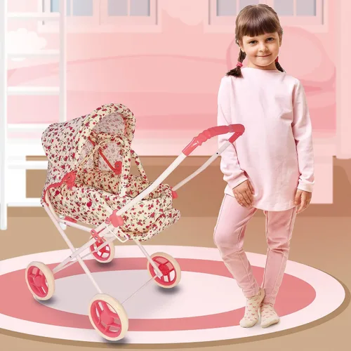 Vista 6 de Juego de Cochecito de Muñeca, Cochecito de Muñeca 3 en 1 con Moisés Extraíble, Carrito para Muñecas, Cochecito de Muñeca de Juguete para Niños Floral