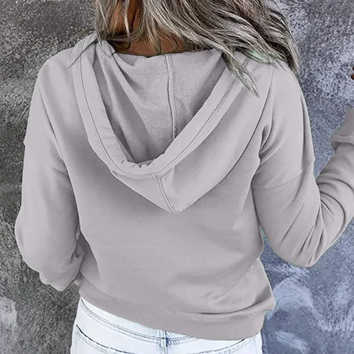 Vista 4 de Sudadera clásica con capucha para mujer, color liso, de manga larga, con botones, con cordón, ajuste delgado, túnica a la moda, trajes de otoño