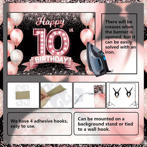 Vista 4 de Cartel de feliz cumpleaños décimo oro rosa, telón de fondo, saludos a 10 años, globos de confeti, decoración temática para niñas de 10 años