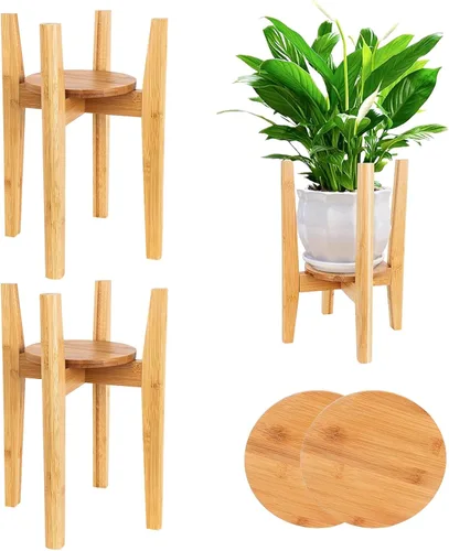 Vista 10 de Soporte ajustable para plantas con bandeja, soporte de madera para plantas de interior para macetas de 8 a 12 pulgadas, moderno soporte para macetas