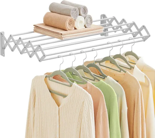 Vista 8 de SONGMICS Estante de secado de ropa, estante de secado de ropa montado en la pared, pequeño estante de lavandería acordeón, 9 varillas colgantes