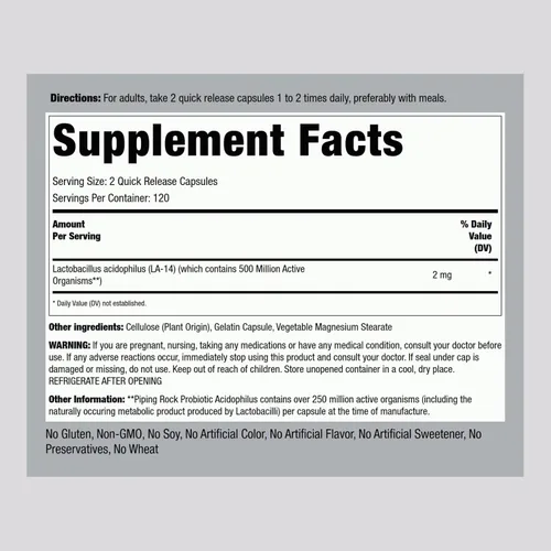 Vista 2 de Piping Rock Cápsulas probióticas de Acidophilus 240 unidades 1 mg 250 millones de UFC para hombres y mujeres Suplemento sin OMG, sin gluten