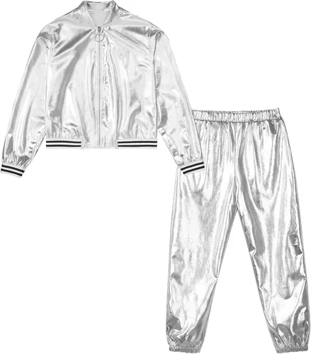 Vista 3 de YiZYiF Conjunto de ropa de baile para niños y niñas, disfraz de hip hop, jazz, chaqueta bomber metálica brillante con pantalones de cintura alta