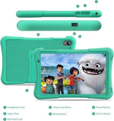 Vista 7 de PRITOM Tableta para niños de 10 pulgadas Android 14, 32GB, Quad-Core, 6000mAh, pantalla IPS HD grande, WiFi 6, cámara dual, Bluetooth, tableta