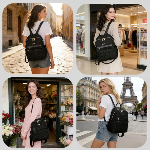 Vista 3 de Bolso tipo mochila para mujer, impermeable, Oxford, casual, bolso de mano de moda con múltiples bolsillos para el trabajo, viajes, uso diario (beige)