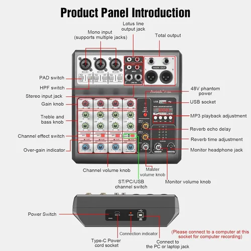 Vista 12 de Aveek Mezclador de Audio Profesional, Consola de Mezcla de Placa de Sonido con 5 Canales Digital USB Bluetooth, Efecto de Eco y Retraso, Entrada
