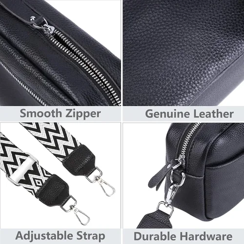 Vista 4 de Bolso cruzado para mujer de cuero genuino con correa ancha, bolso de hombro, bolso de mano, diseño moderno, bolso cruzado para cámara, cierre