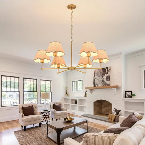Vista 3 de Candelabro de ratán bohemio de 6 luces de 39 pulgadas, lámpara colgante de ratán con pantalla tejida a mano, altura ajustable, lámpara de comedor