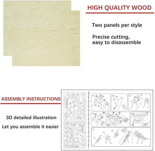 Vista 5 de Rompecabezas de madera 3D para manualidades – Juego de 3 piezas de rompecabezas de esqueleto de dinosaurio de madera, rompecabezas 3D de ensamblaje