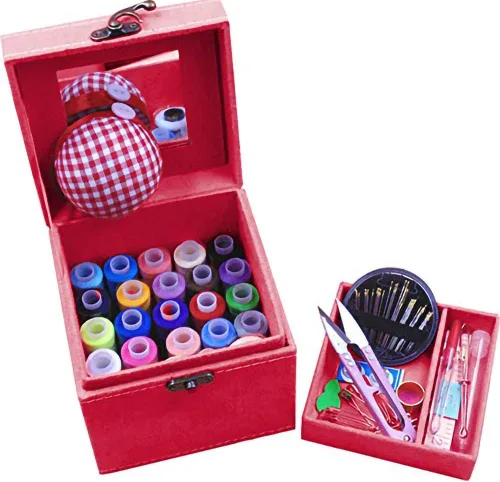 Vista 2 de Kits de costura de 2 capas con caja vintage, accesorios de costura, kits de suministros para adultos, niños, principiantes, cesta de costura de Azul