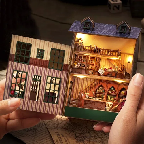 Vista 7 de Spilay Kit de muebles de madera en miniatura para casa de muñecas, mini casa de muñecas hecha a mano con LED, escala 1:24, juguetes creativos