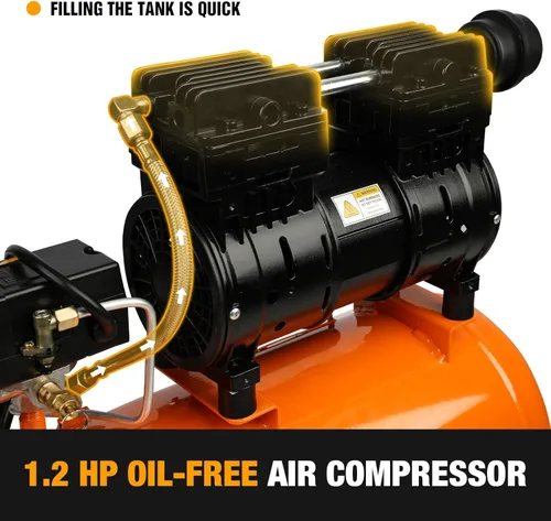 Vista 6 de FORNAX Compresor de aire portátil de 6.4 galones, 1 HP 2.2CFM@ 90 PSI compresor de aire libre de aceite, presión máxima 125 PSI, compresor