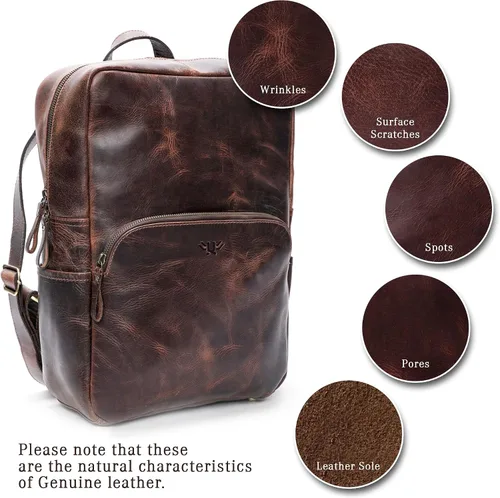 Vista 6 de Mochila de cuero hecha a mano para hombres y mujeres, bolsa para laptop de 15.6 pulgadas, cuero genuino, estilo retro, casual, para universidades